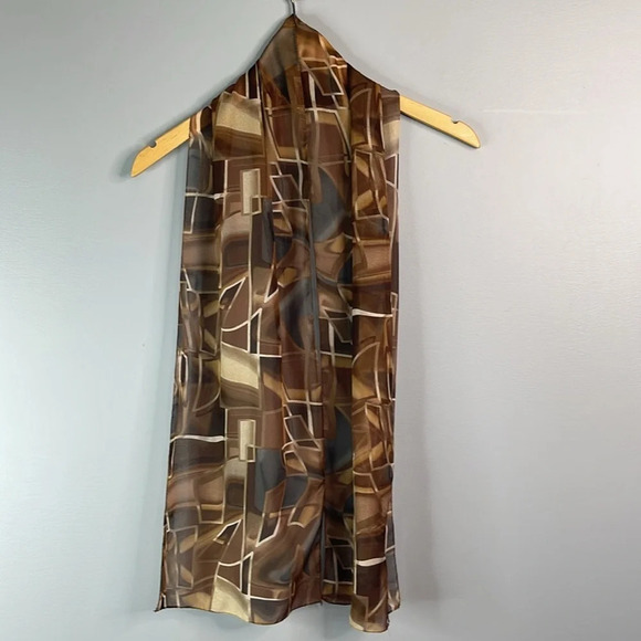 DANIER Silky Semi Sheer Geometric Print Rectangular Scarf Earth Tones Hair Neck - Picture 5 of 9